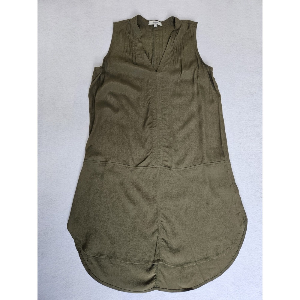 Madewell Fairsky Tunic Shift Dress Olive Green Sleeveless V-Neck Mini Pleated S